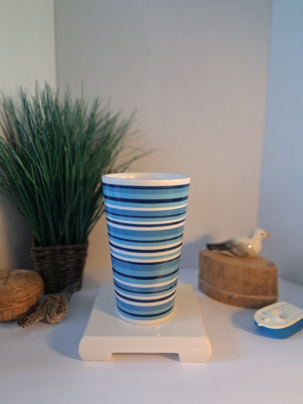 NEW!(NOS) IKEA Blue Striped Ceramic Vase; Retired;Scandinavian Modern Decor New!